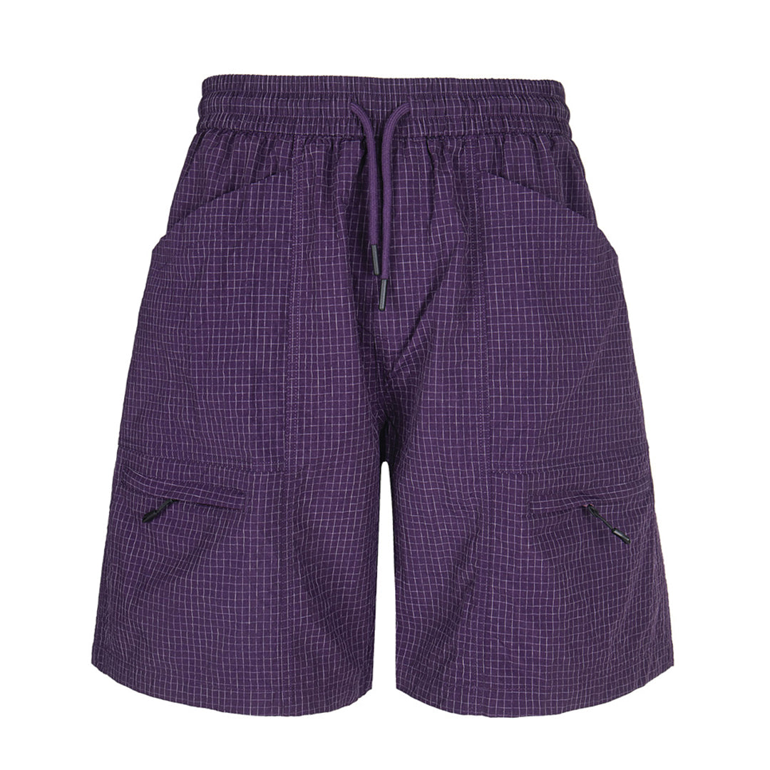 Men's pixel grid cargo shorts lightweight checkwoven fabric loose fit zip pockets vibrant multicolor pattern