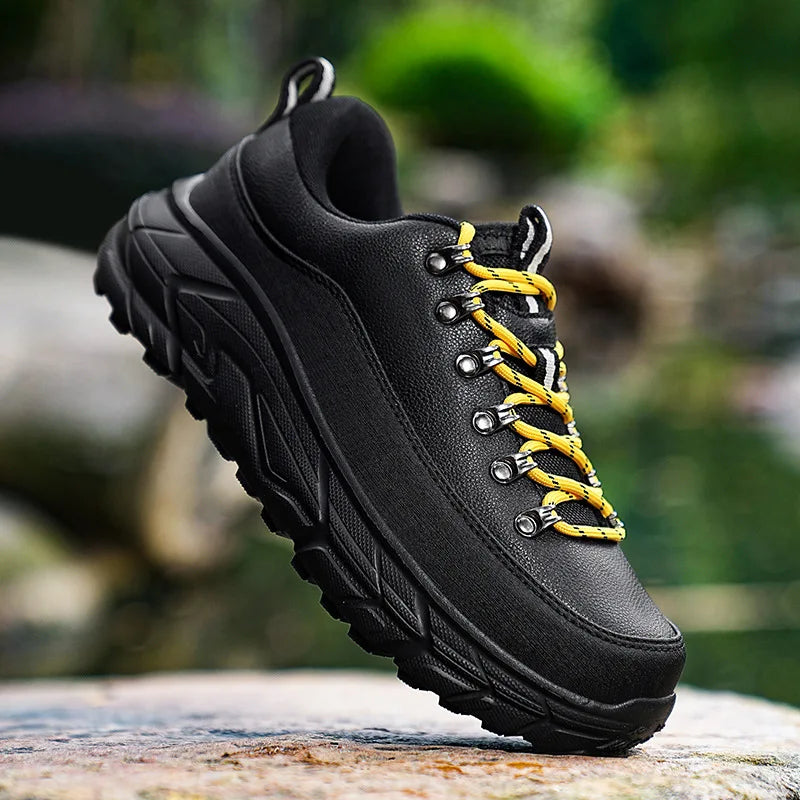 Brown leather outdoor shoes rugged reinforced panels streamlined silhouette all-day comfort urban trail