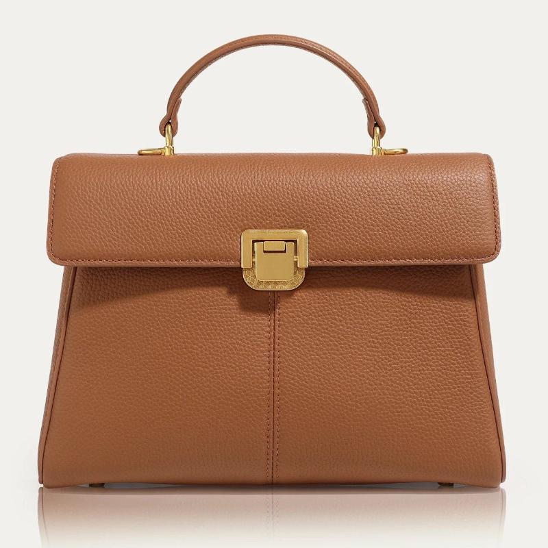 Women's structured top handle leather handbag beige chic everyday work tote with flap closure