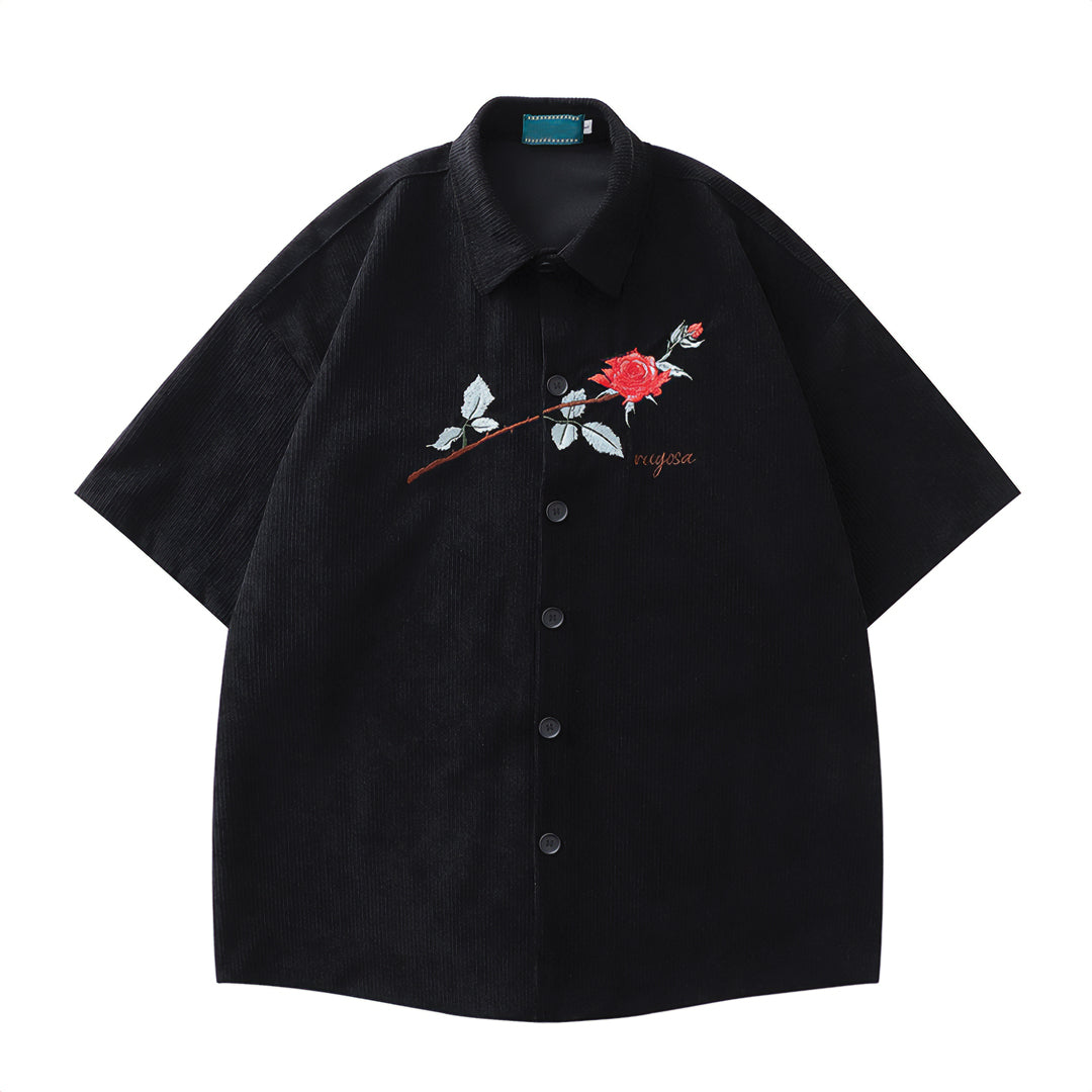 White women's poplin shirt with rose embroidery, turn-down collar, regular fit, soft cotton