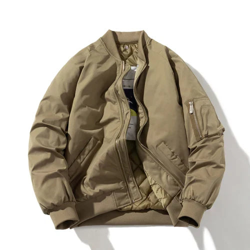 Men's olive green pilot bomber jacket modern rugged fit with ribbed cuffs and sustainable fabric