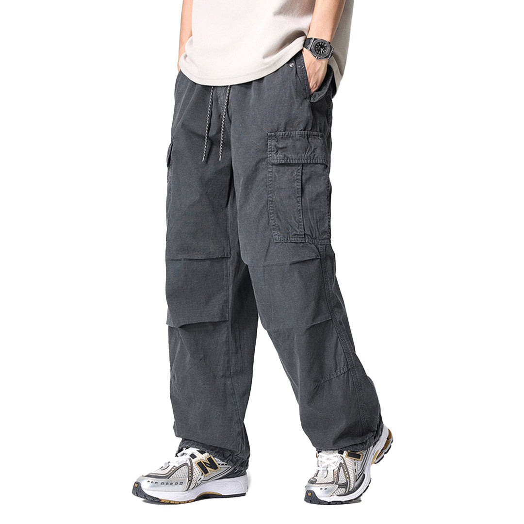 Men's khaki cargo pants breathable cotton relaxed fit with drawstring waist and multi-pocket utility design