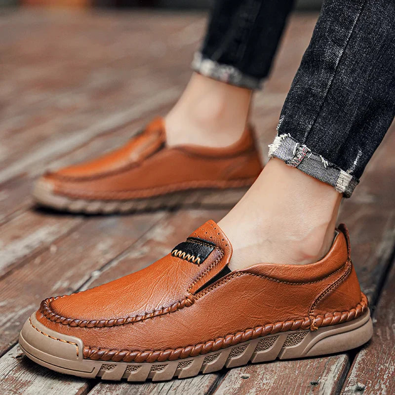 Brown leather moccasins outdoor style custom fit with natural patina aging rugged outsole