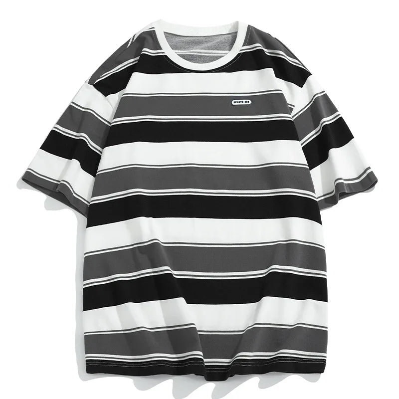 Unisex oversized crewneck tee bold horizontal stripes stretch cotton blend relaxed casual fit