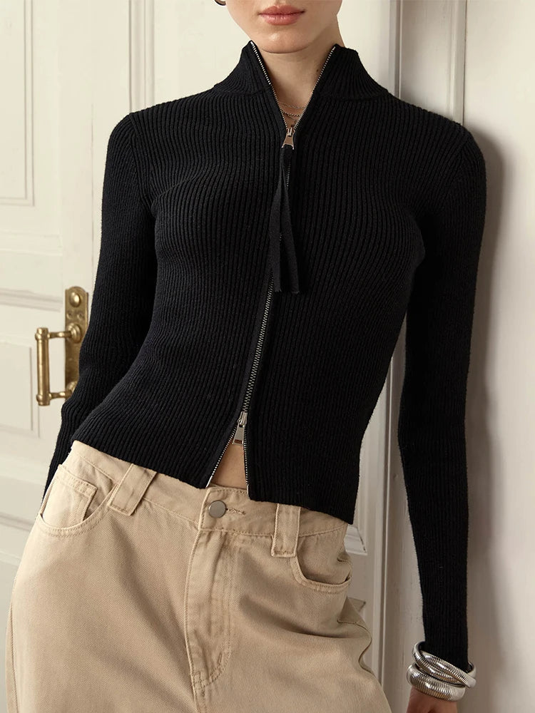 Women's slim fit ribbed knit cardigan with zipper front and stand collar, chic cozy style