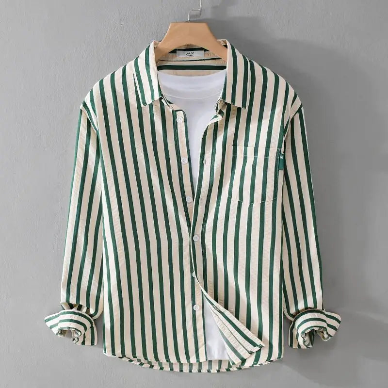 Women's relaxed fit vertical stripe blouse with shirt collar, lightweight breathable fabric
