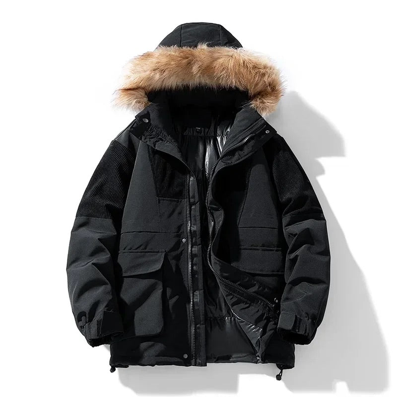 Men's relaxed fit hooded parka with fur-trimmed hood, weatherproof winter coat for casual wear