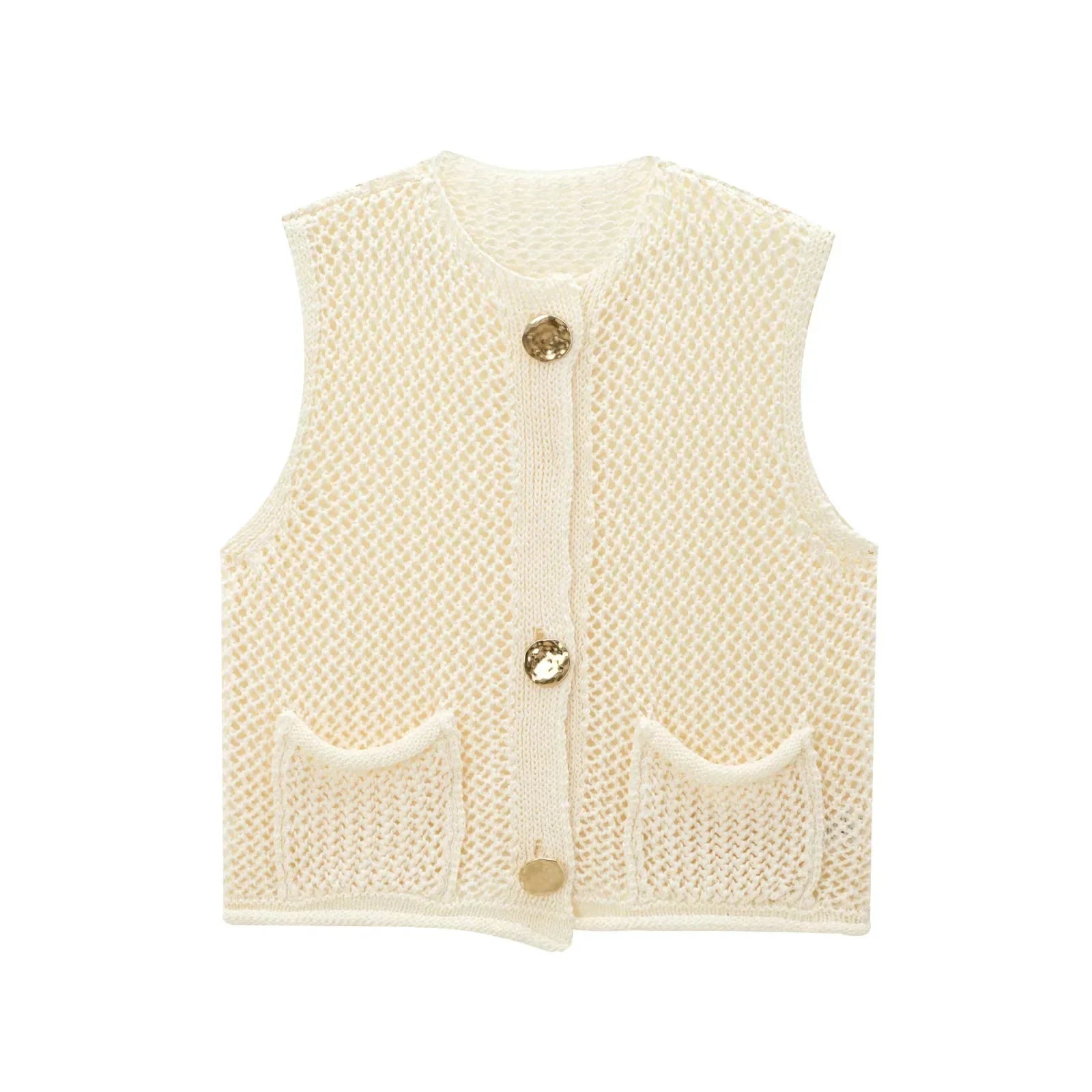Knitted vest with open-knit texture, oversized buttons, relaxed fit, functional pockets for everyday layering