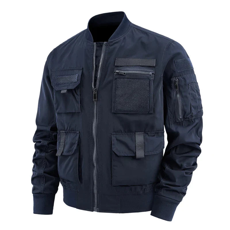 Men's olive utility jacket multi-pocket velcro closure rugged outdoor travel style secure zip chest pocket