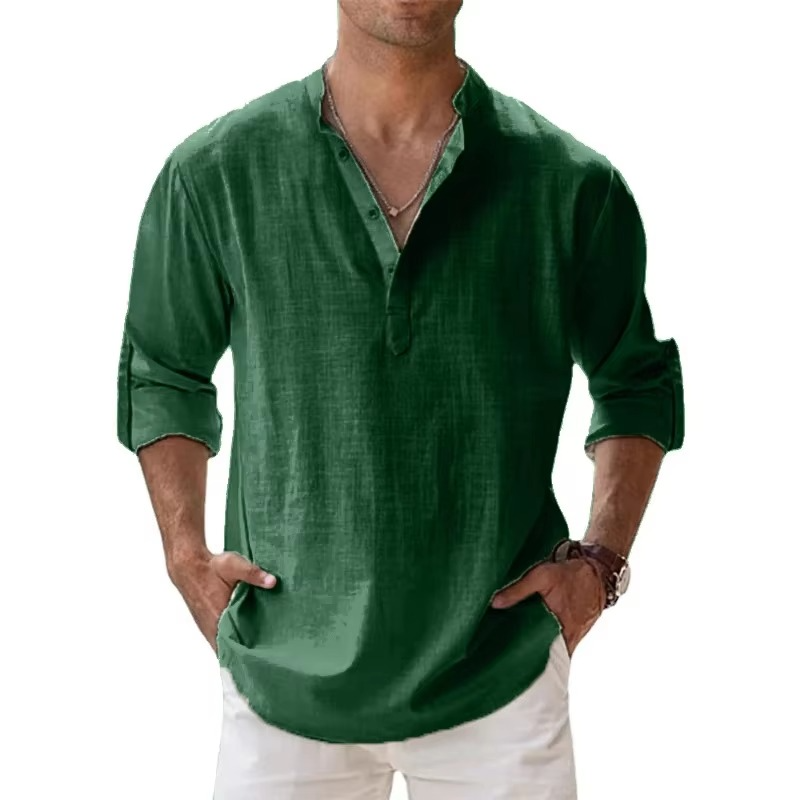Men's beige cotton linen Henley shirt long sleeve lightweight summer beach essential three-button placket