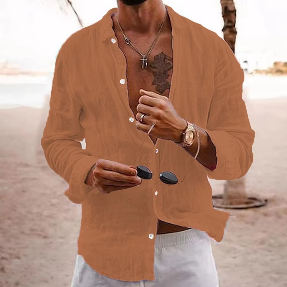 Men's white cotton linen relaxed-fit casual shirt, breathable lightweight everyday vacation wear