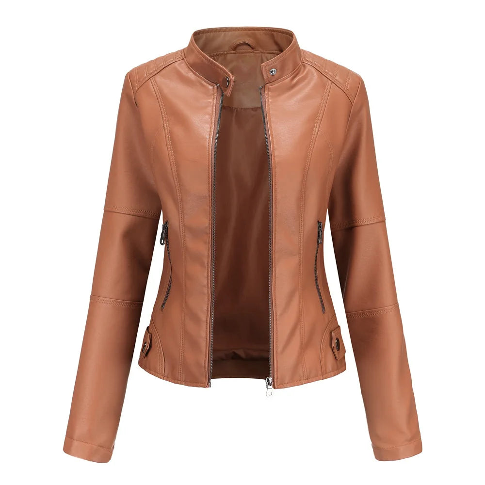 Women's black slim-fit leather biker jacket with moto-inspired design and water-resistant finish