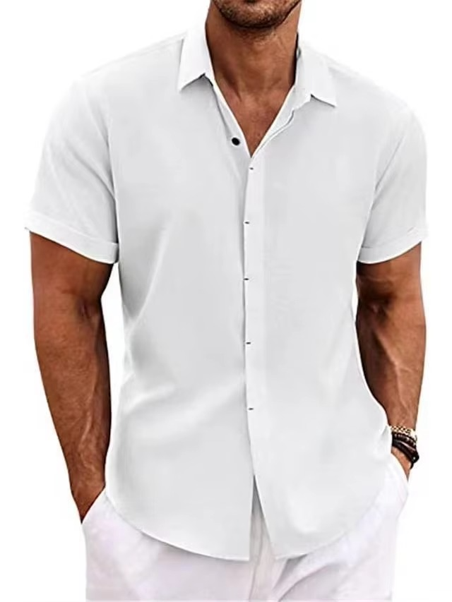 Men's short sleeve linen shirt lightweight breathable solid color classic collar relaxed summer fit