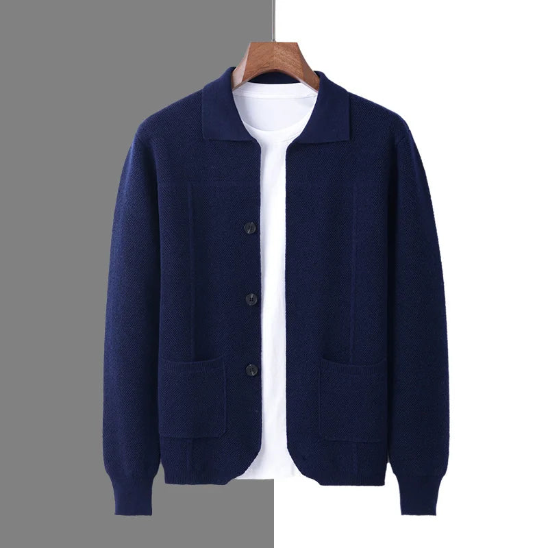 Men's merino wool polo neck sweater, sporty tailored fit with ribbed cuffs, warm breathable layering essential
