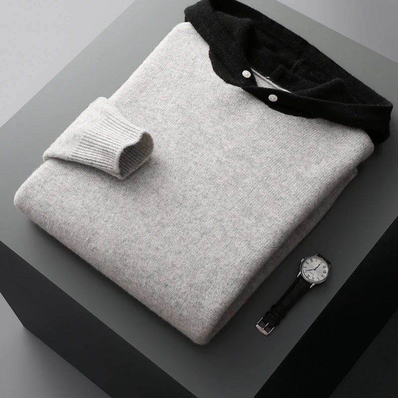 Men's relaxed fit wool hoodie in neutral tone with cozy hooded design for everyday casual wear