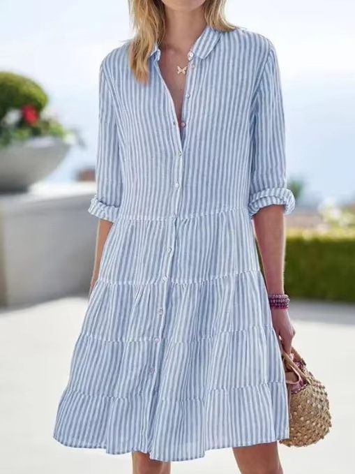Women's oversized striped shirt dress with turn-down collar and long sleeves, relaxed fit