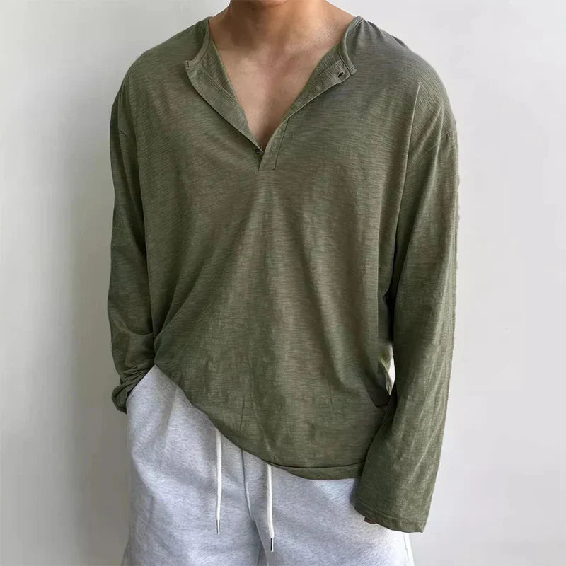 Men's relaxed fit open collar linen-texture cotton shirt breathable textured weave casual style