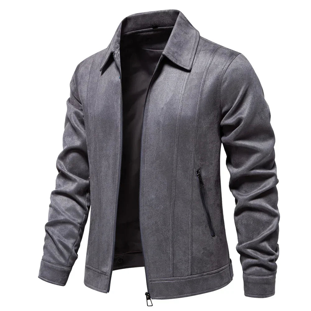 Men's tan suede trucker jacket slim tailored fit with zippered pockets, cold-weather layering essential