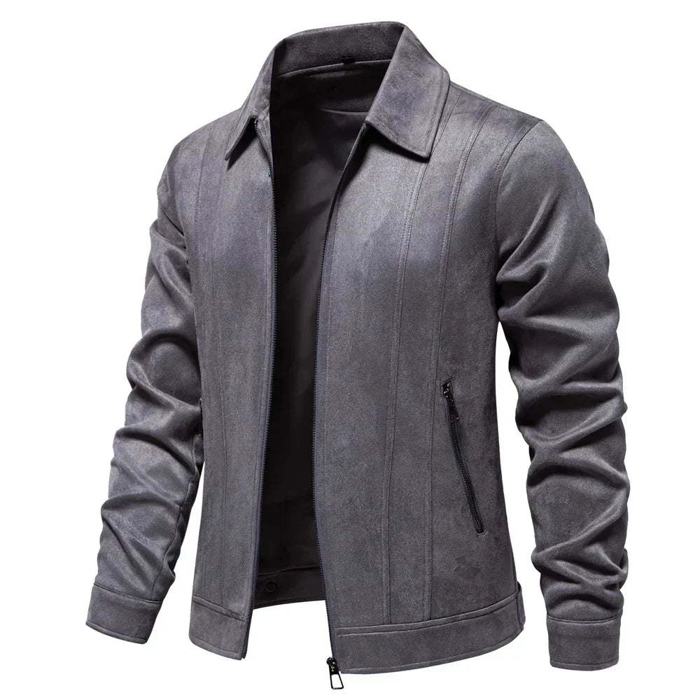 Brown suede unisex relaxed-fit rocker jacket with zip-up front for effortless layering
