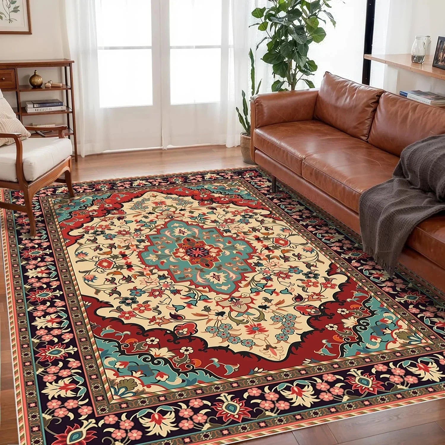 VIKAMA large bohemian living room rug non-slip backing easy-care floor mat for busy homes