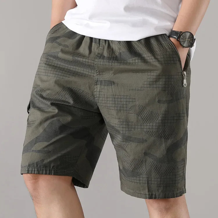 Men's camo tactical shorts elastic waistband drawstring zip flap pockets cotton-blend outdoor