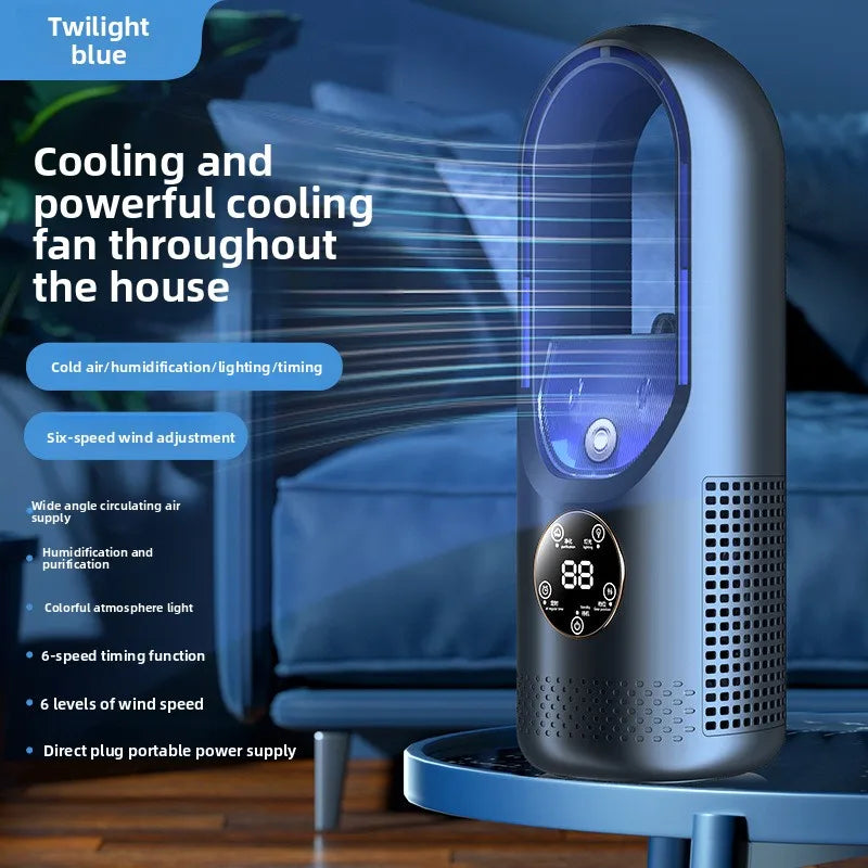 Portable bladeless fan with RGB light and humidifier, quiet wireless design for home and travel