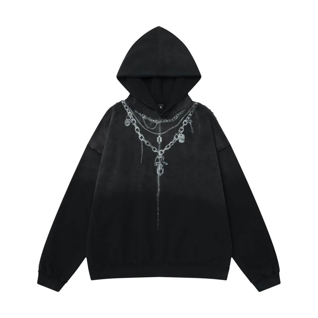 Black gradient dye loose fit cotton hoodie with distressed details and neck chain streetwear style