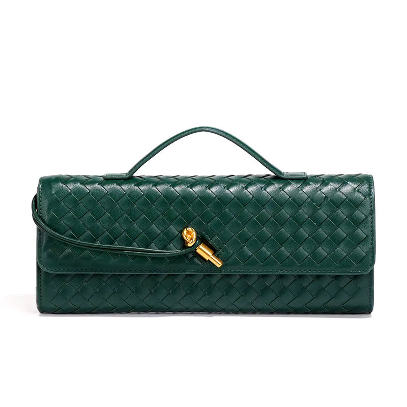 Woven women's clutch bag textured finish structured rectangular silhouette metallic twist lock evening