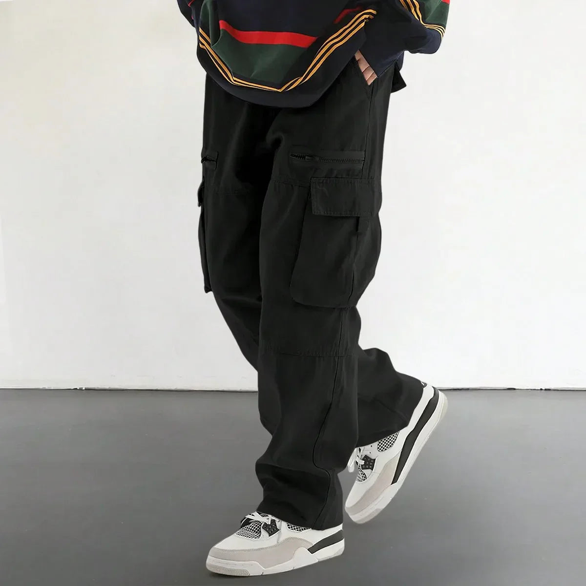 Men's olive cargo pants relaxed fit with spacious flap pockets and adjustable drawstring waist