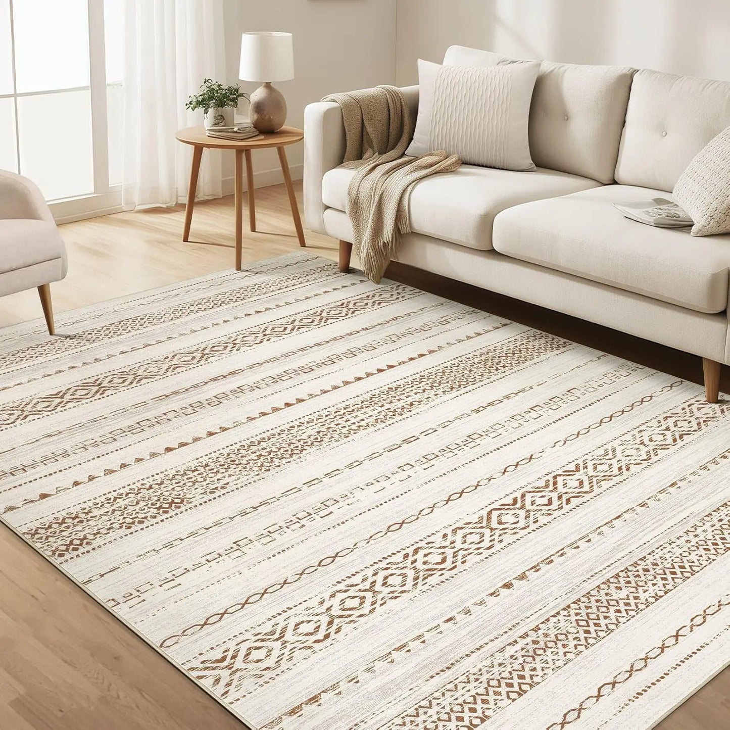 Washable Moroccan geometric boho farmhouse indoor rug, non-slip, ideal for bedrooms and dining areas