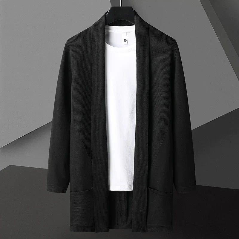 Men's lightweight long drape cardigan open-front breathable cotton-linen blend with hidden pockets