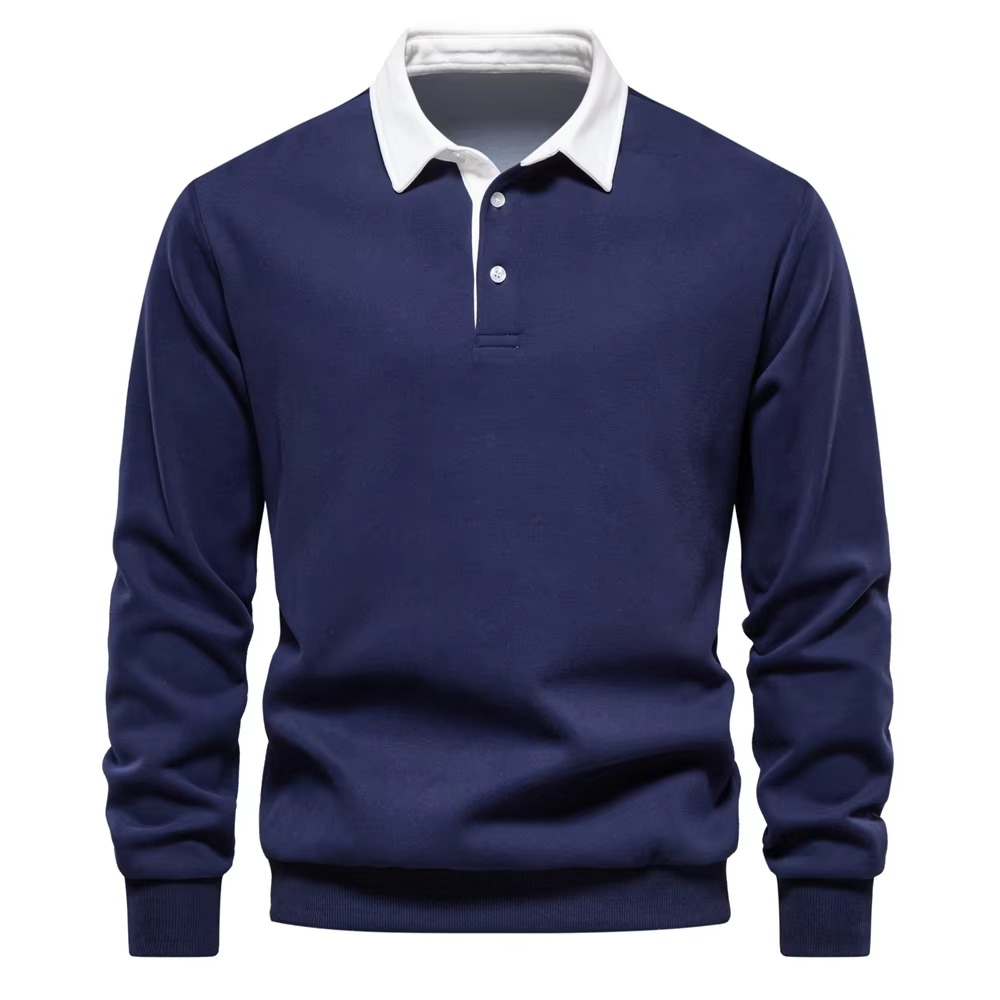 Men's navy blue polo neck cotton sweatshirt with classic collar, versatile work-to-weekend relaxed fit