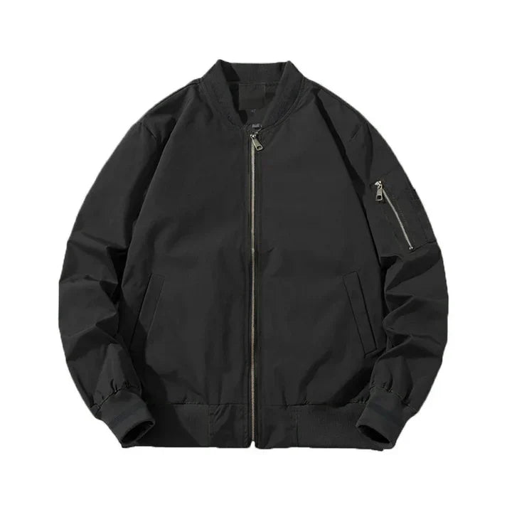 Men's olive green pilot bomber jacket with classic ribbed cuffs and rugged sustainable easy-care fabric