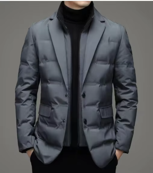 Men's winter stand collar blazer jacket two-piece look down-filled insulation slim business style