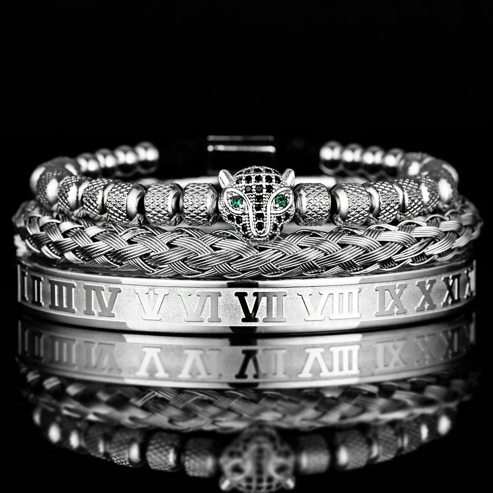 Women's crystal beaded panther charm bracelet set with braided cuff duo, bold layered wrist accessory