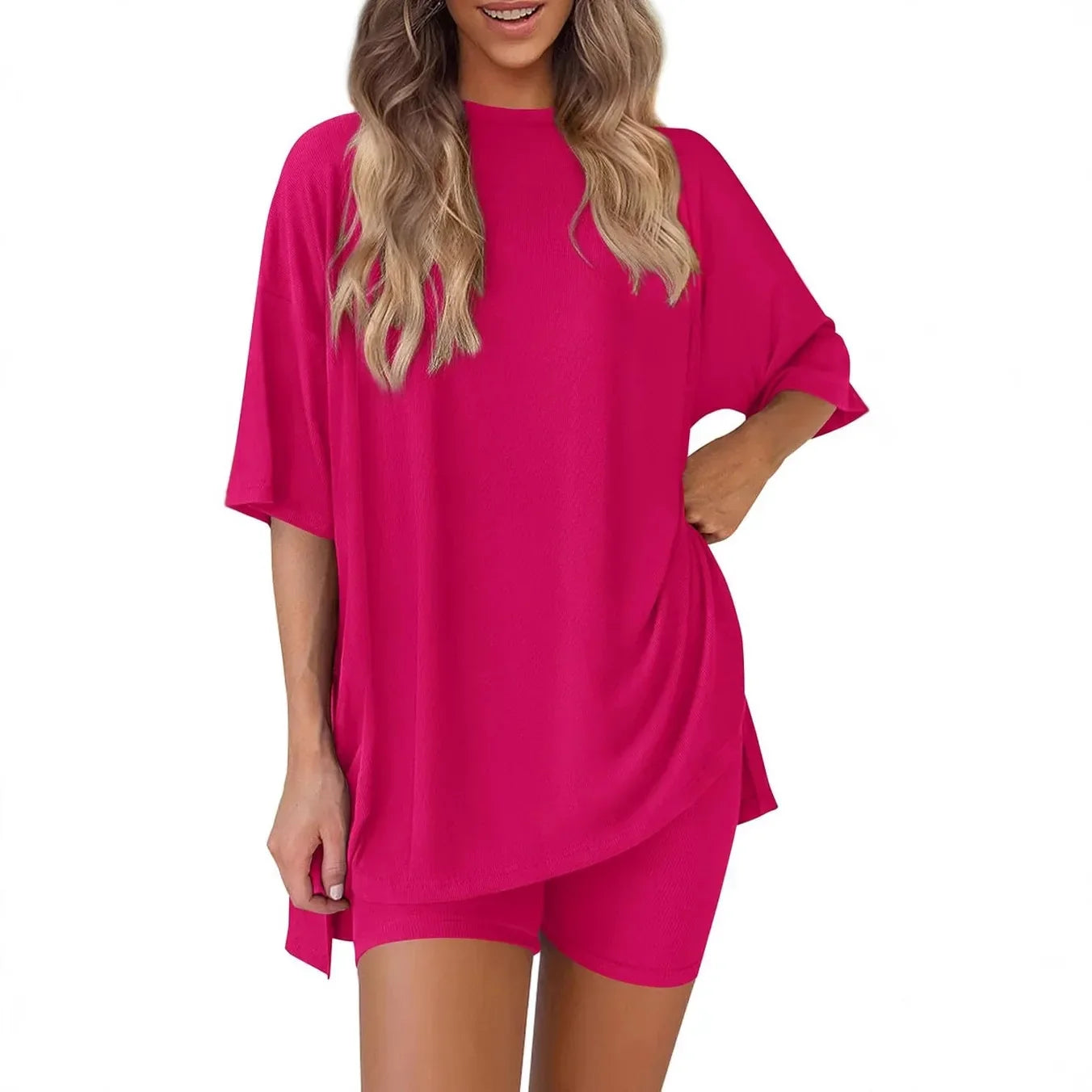 Women relaxed two-piece lounge set lightweight breathable polyester loose top and shorts casual summer comfort