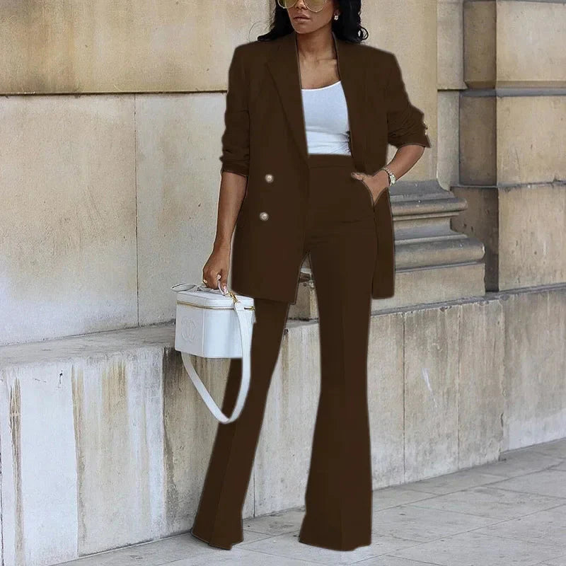 Women's double-breasted long blazer and flared trousers set elegant formal office wear tailored fit