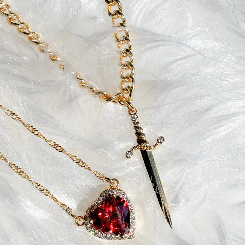 Heart and sword pendant necklace adjustable collarbone chain tarnish resistant durable metal romantic bold