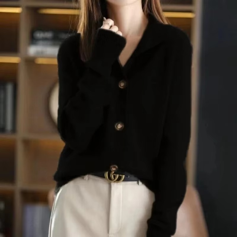Women's knit cardigan jacket stand collar cozy autumn winter warm versatile layering piece