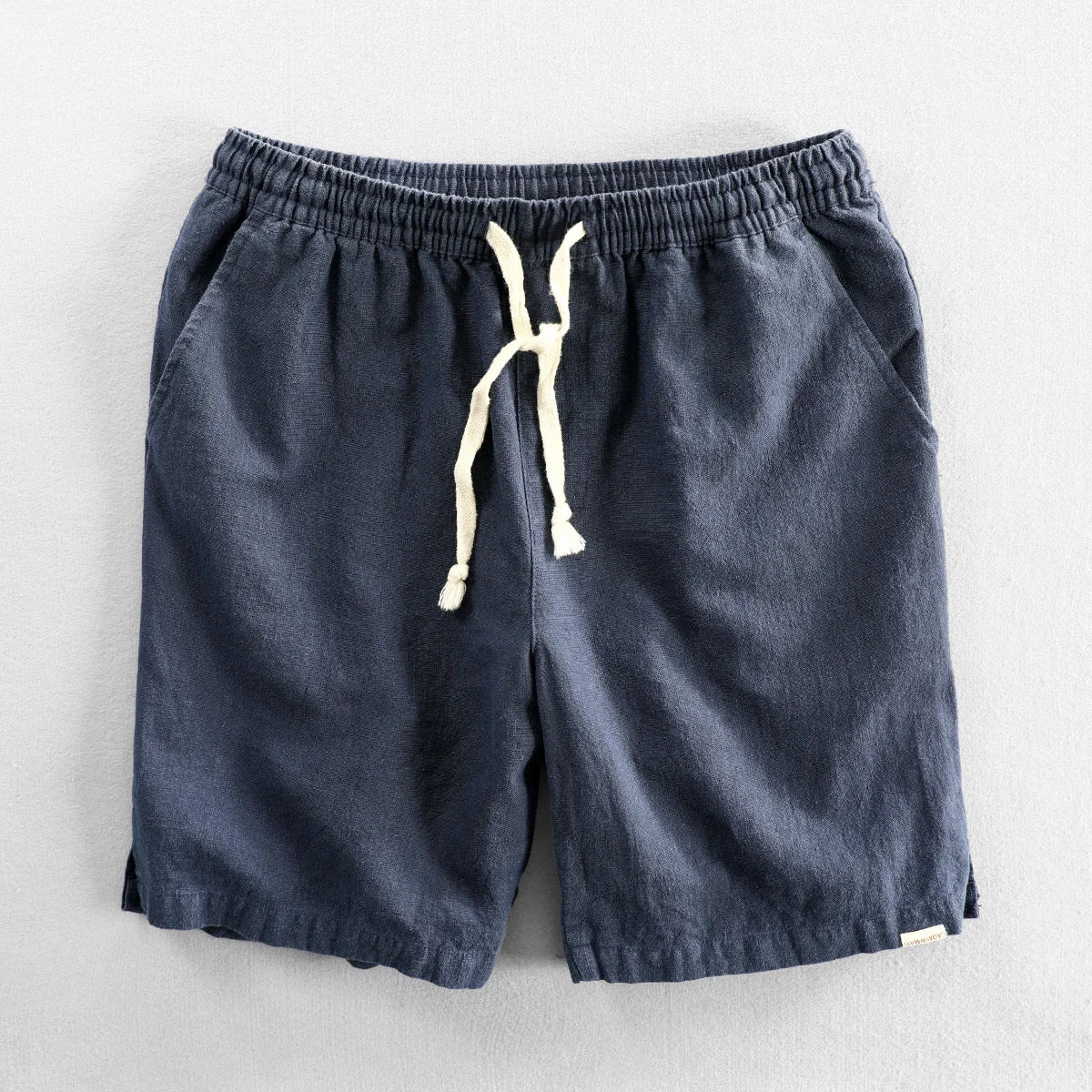 Men's beige cotton linen shorts relaxed tailored fit with adjustable drawstring waist