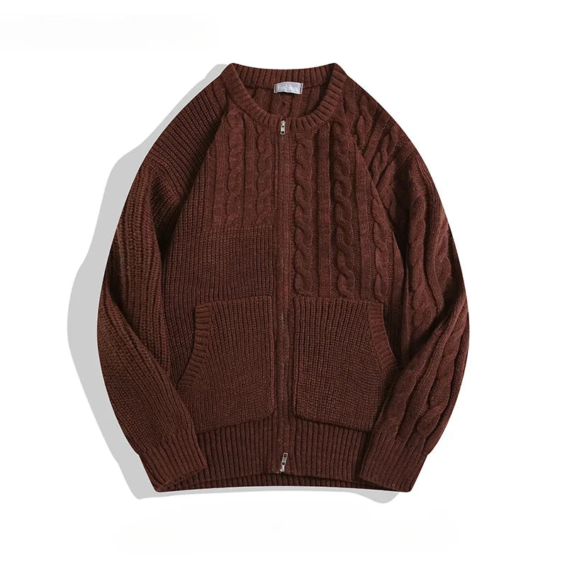 Unisex beige chunky cable knit cardigan relaxed fit thick cotton mix texture double pouch pockets
