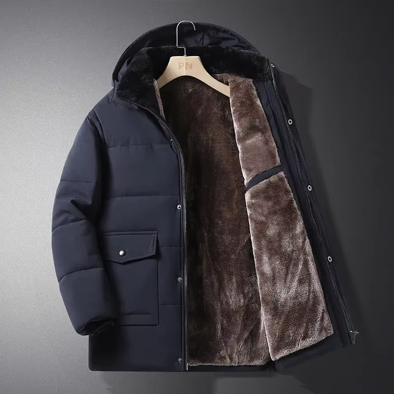 Men's dark fleece winter parka with hood, insulated quilted liner, rugged cold-weather style