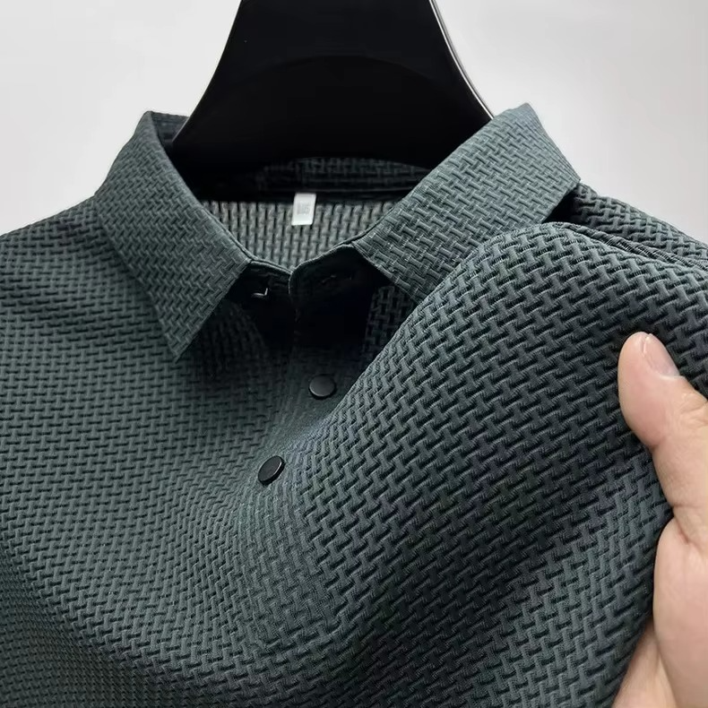 Men's ice silk short sleeve polo shirt in solid color, slim business-casual fit with cool-touch breathable fabric