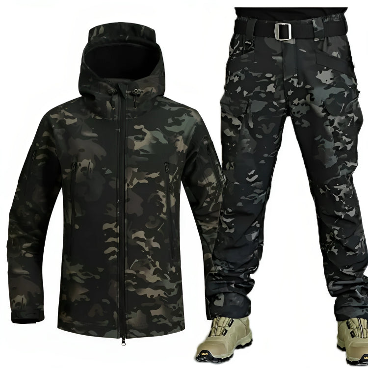 Men's tactical windbreaker and pants set weather-resistant outdoor outfit with multiple pockets