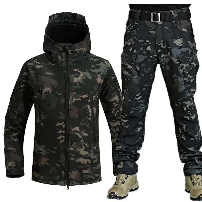 Men's multifunctional fleece-lined jacket with trousers set, zipper closure, all-season outdoor style
