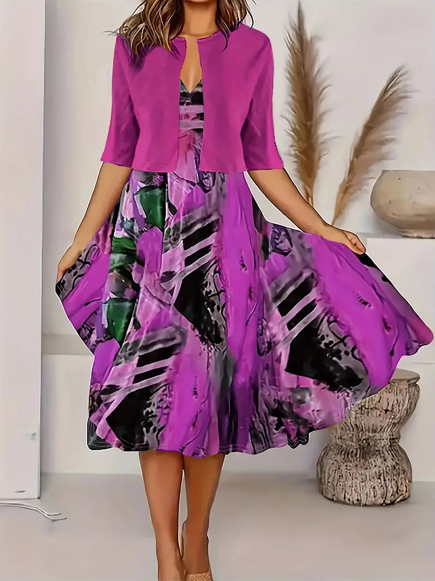 Women's elegant two-piece midi dress blazer set in versatile summer hues for office chic
