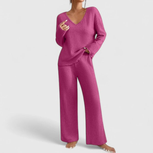 Women's relaxed fit knit pajama set soft cozy sleepwear coordinated top and pants lounge look