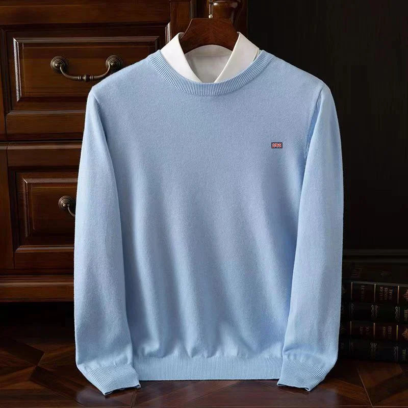 Lightweight crewneck knit sweater in smooth fine-knit texture, unisex minimalist layering essential