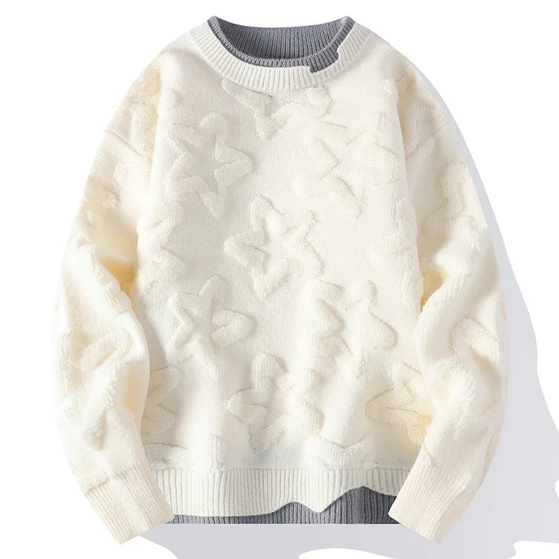 Cozy cream knit sweater with embossed raised star pattern detailing for casual everyday style