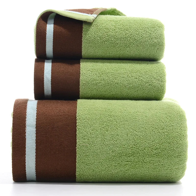 3-piece bamboo cotton towel set in earthy green and brown color-block for modern bathroom decor